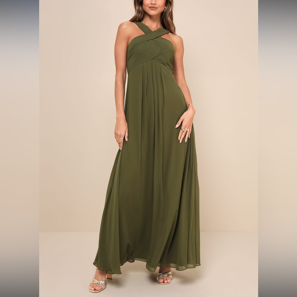 Momentous Elegance Olive Green Pleated Halter Maxi Dress - Size M